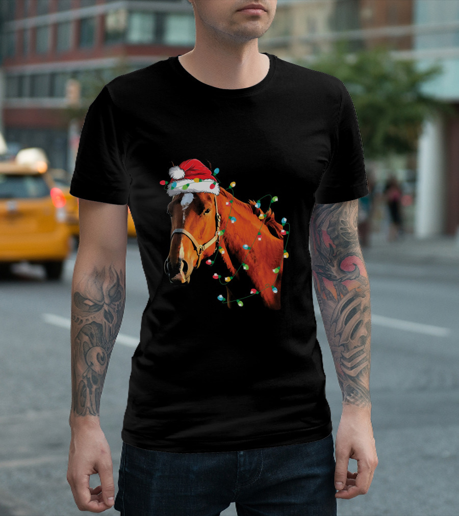 Horse Wearing Santa Hat With Christmas Lights Funny Holiday Horse T-Shirt