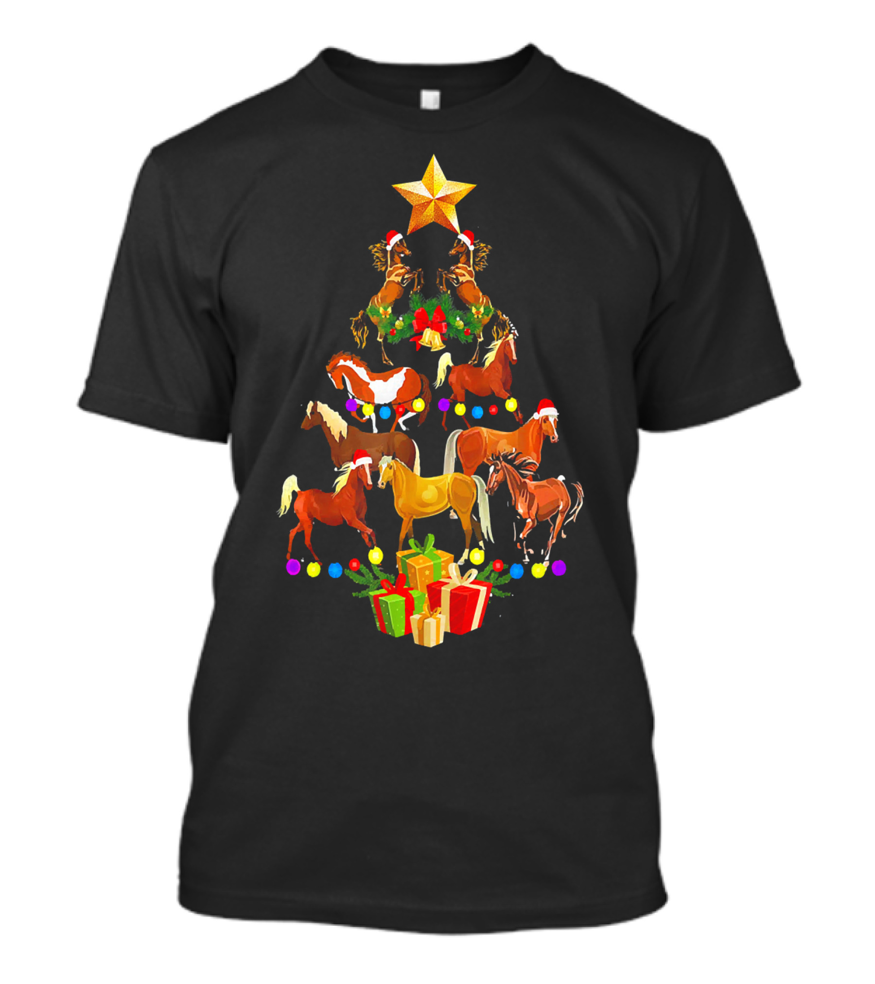 Horse And Star Christmas Tree With Santa Hat Gifts T-Shirt