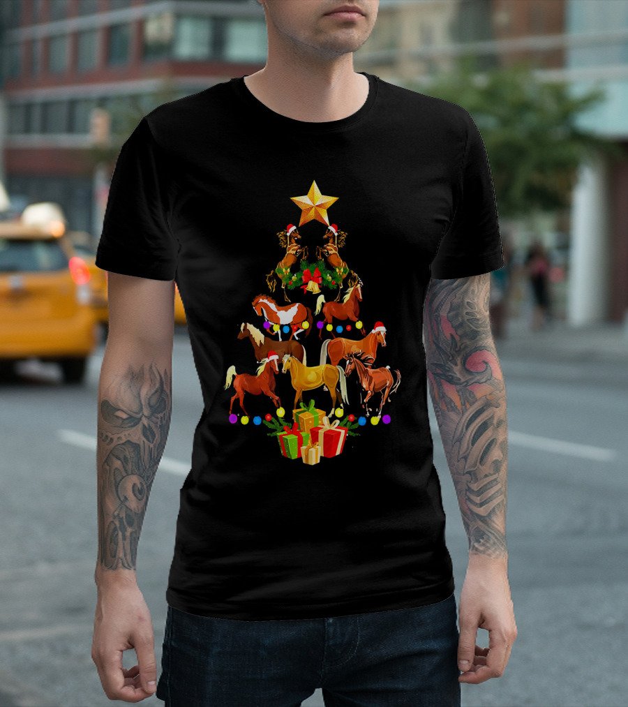 Horse And Star Christmas Tree With Santa Hat Gifts T-Shirt