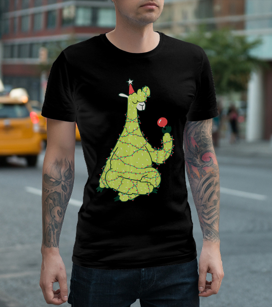 Llama Wrapped in Christmas Lights Holding Ornament Funny Animal Alpaca Christmas Tree T-Shirt