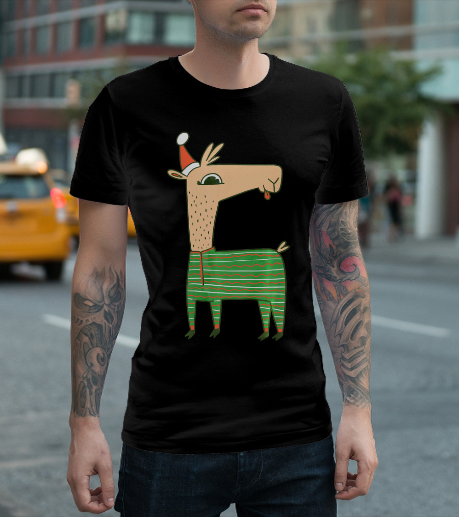 Llama Alpaca Santa Claus Christmas X Mas Festive Sweater Holiday Stripes T-Shirt