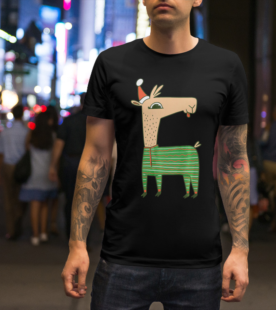 Llama Alpaca Santa Claus Christmas X Mas Festive Sweater Holiday Stripes T-Shirt