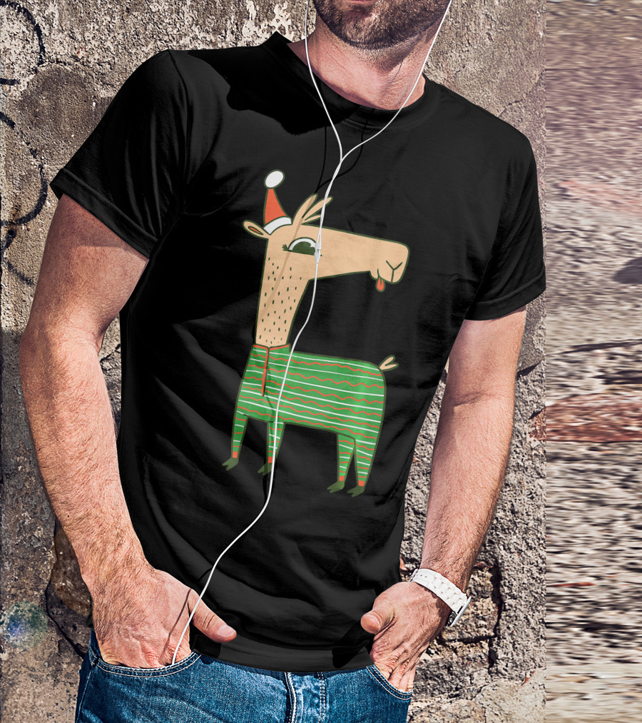 Llama Alpaca Santa Claus Christmas X Mas Festive Sweater Holiday Stripes T-Shirt