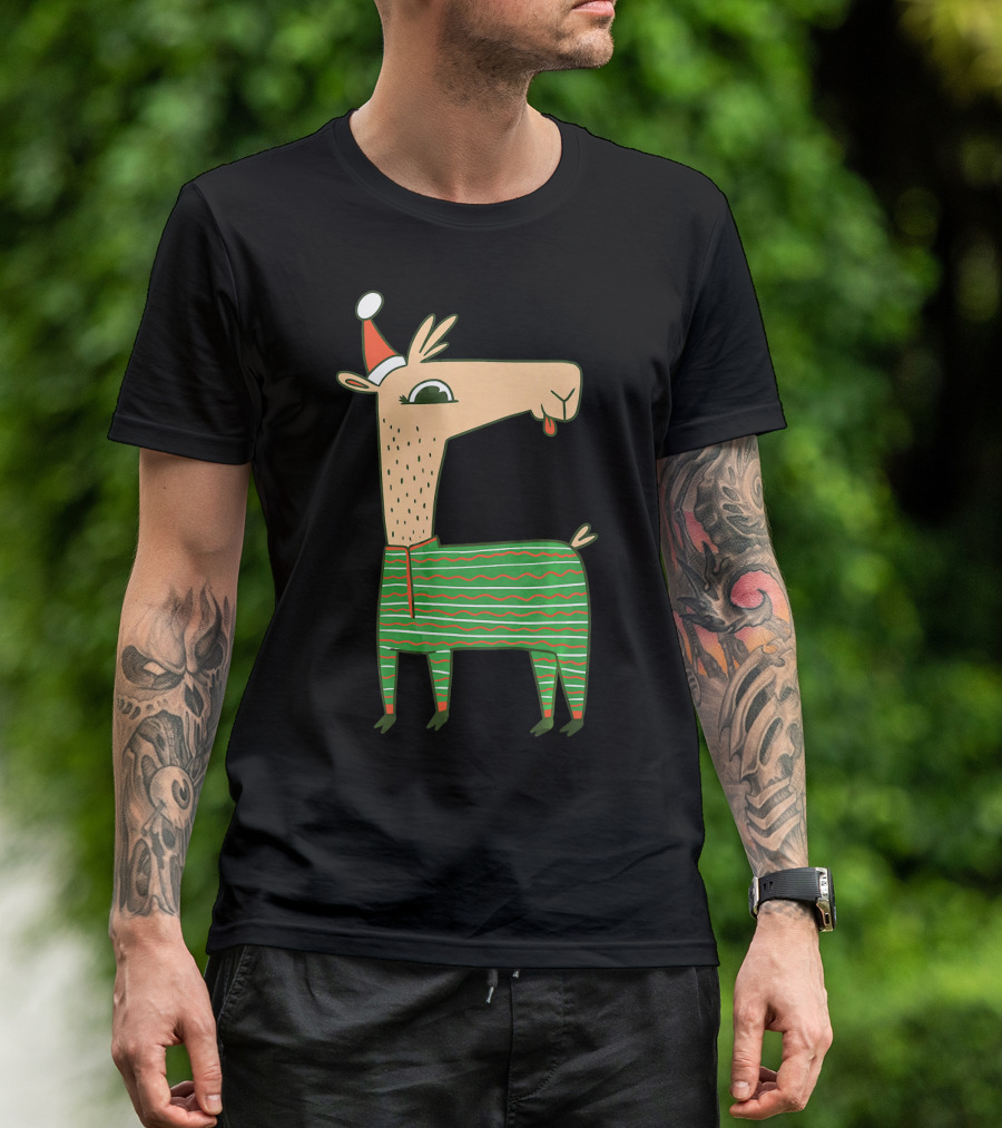Llama Alpaca Santa Claus Christmas X Mas Festive Sweater Holiday Stripes T-Shirt