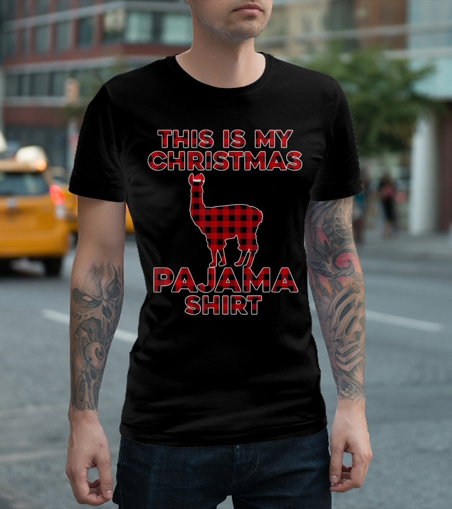 This Is My Christmas Pajama Shirt Red Plaid Llama T-Shirt