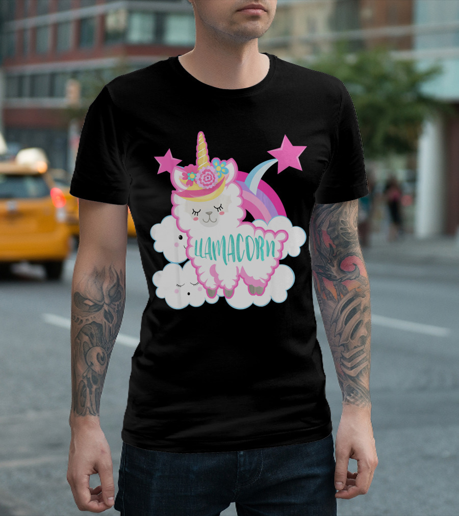Llamacorn Unicorn Llama with Rainbow and Stars T-Shirt