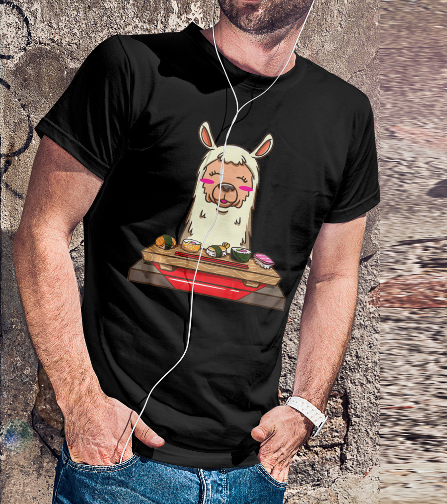 Llama Enjoying Sushi Alpaca And Japanese Food Delight T-Shirt