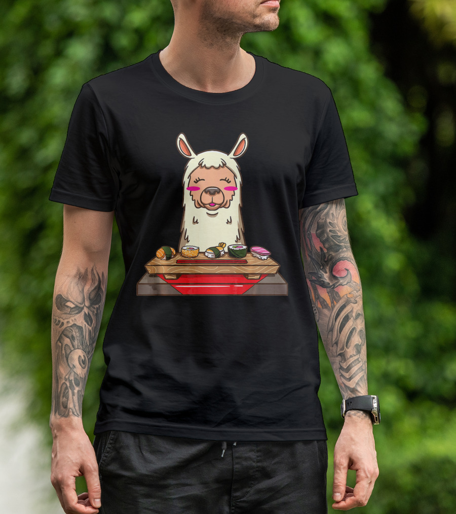 Llama Enjoying Sushi Alpaca And Japanese Food Delight T-Shirt