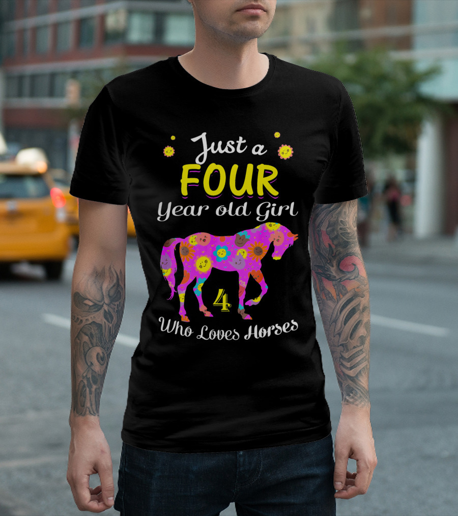 Just A Four Year Old Girl Who Loves Horses Colorful Floral Horse Number Four T-Shirt
