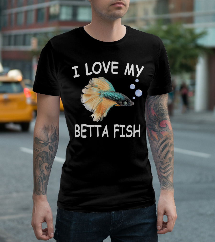 I Love My Betta Fish Pet Lover Graphic Teal Orange Bubbles T-Shirt