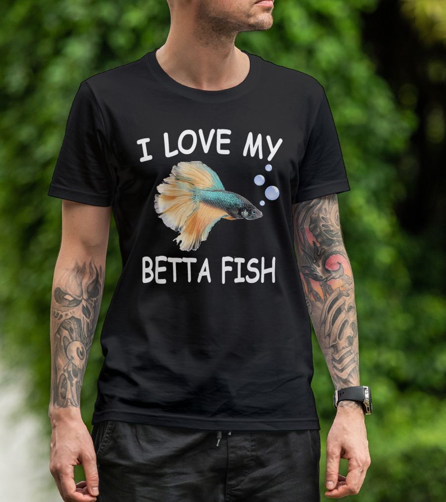 I Love My Betta Fish Pet Lover Graphic Teal Orange Bubbles T-Shirt