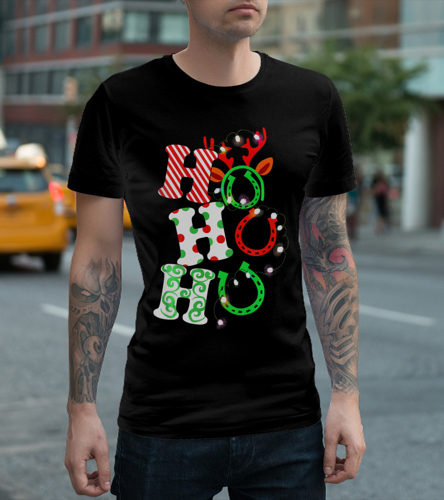 Ho Ho Ho Horse Hoof Funny For Ridin' Christmas Reindeer Light Decoration T-Shirt
