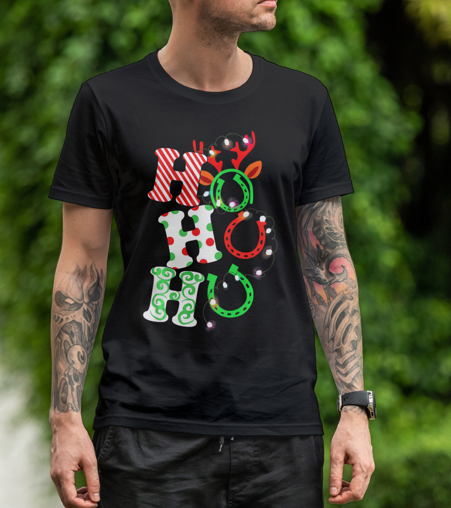 Ho Ho Ho Horse Hoof Funny For Ridin' Christmas Reindeer Light Decoration T-Shirt