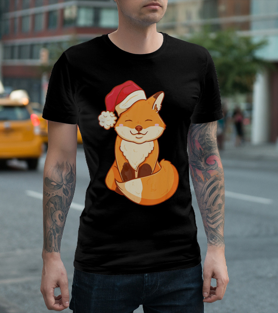 Kawaii Fox in Santa Hat Christmas T-Shirt
