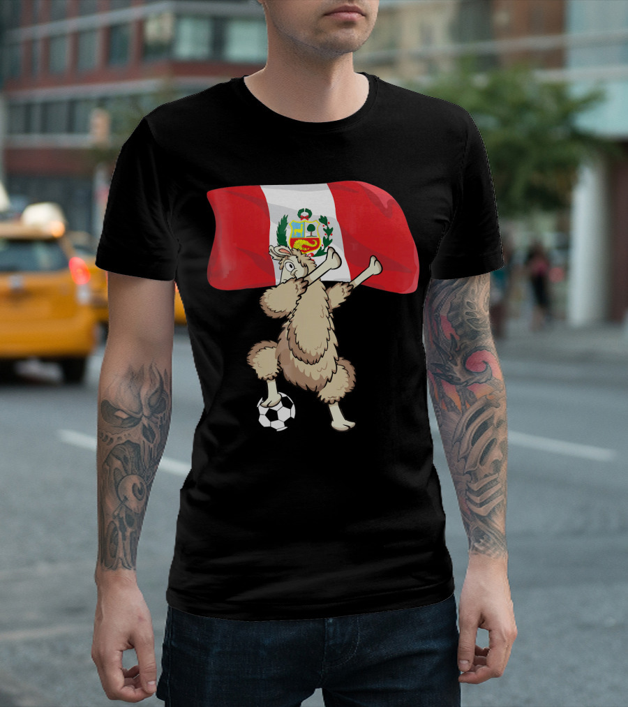 Llama Dabbing Soccer Peru Flag Football T-Shirt