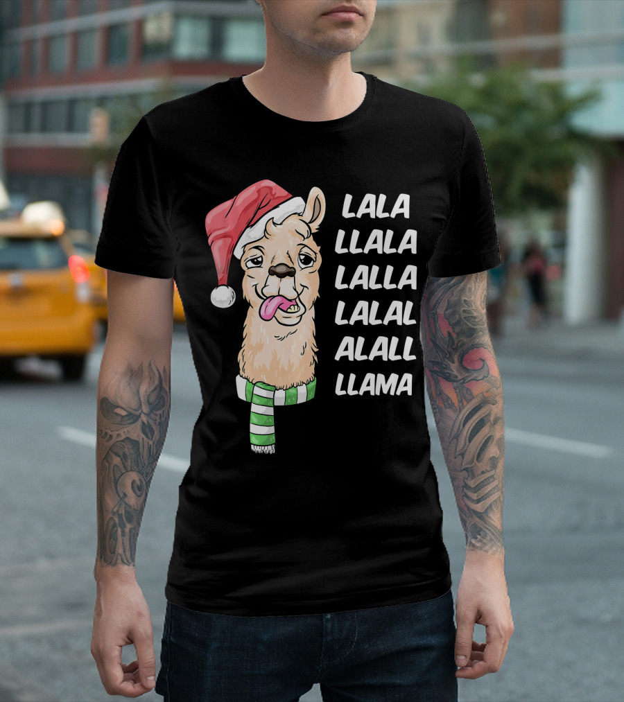 Lala Llama Christmas Santa Hat Funny Holiday Llama T-Shirt