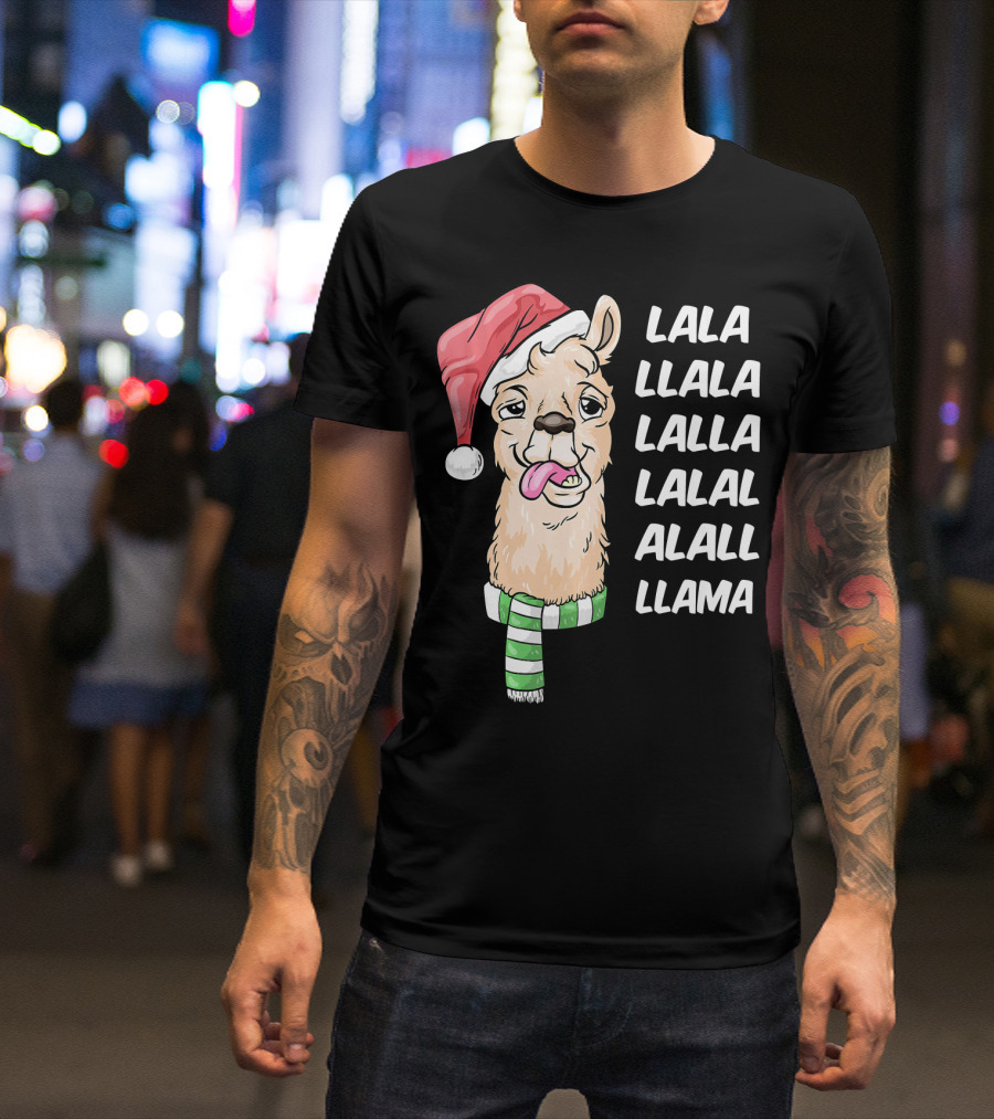 Lala Llama Christmas Santa Hat Funny Holiday Llama T-Shirt