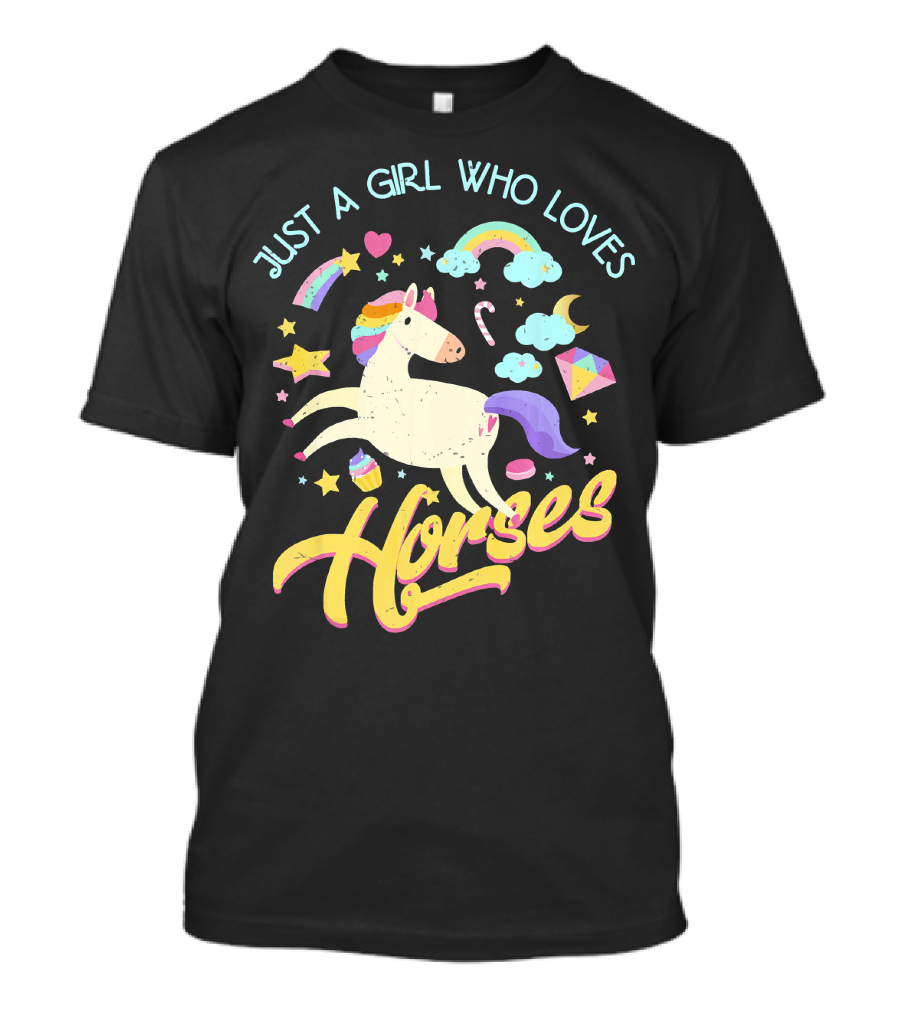 Just A Girl Who Loves Horses Rainbow Clouds Stars Hearts Fun Horse T-Shirt