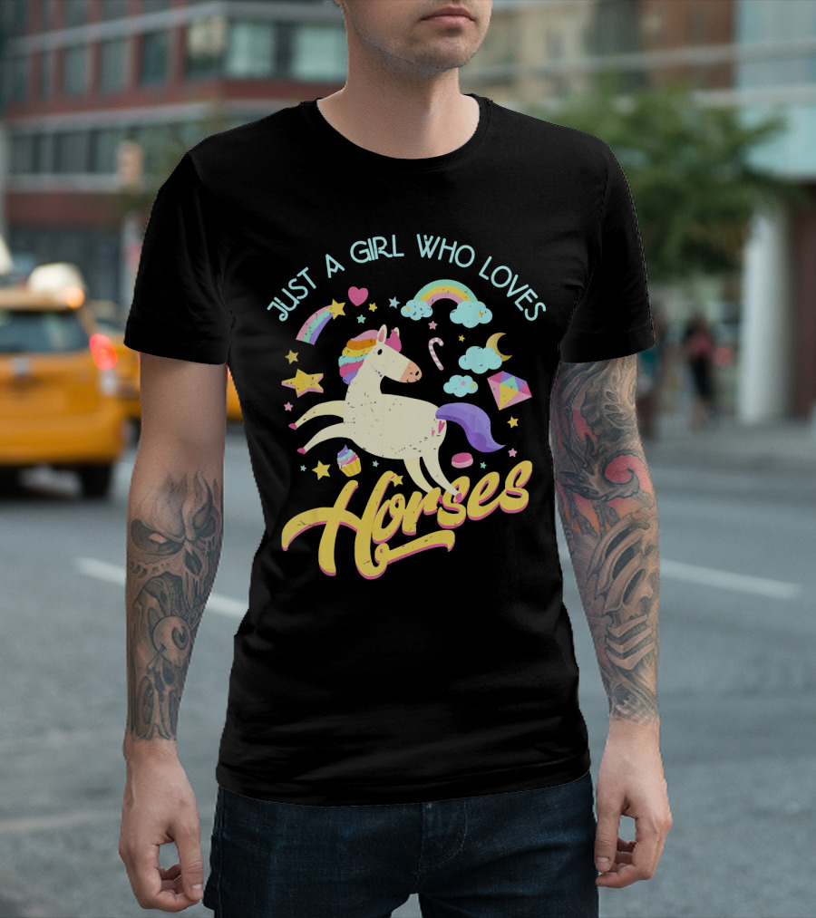 Just A Girl Who Loves Horses Rainbow Clouds Stars Hearts Fun Horse T-Shirt