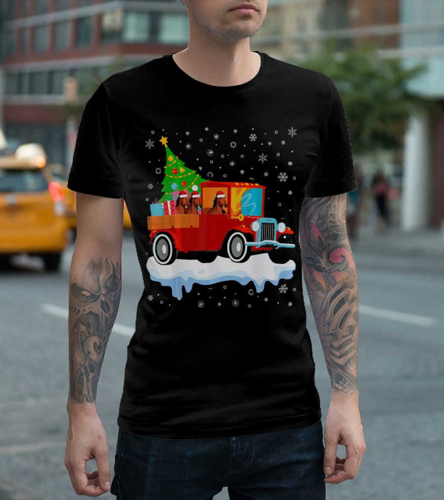 Horse With Santa Hat Christmas Tree Old Truck Merr T-Shirt