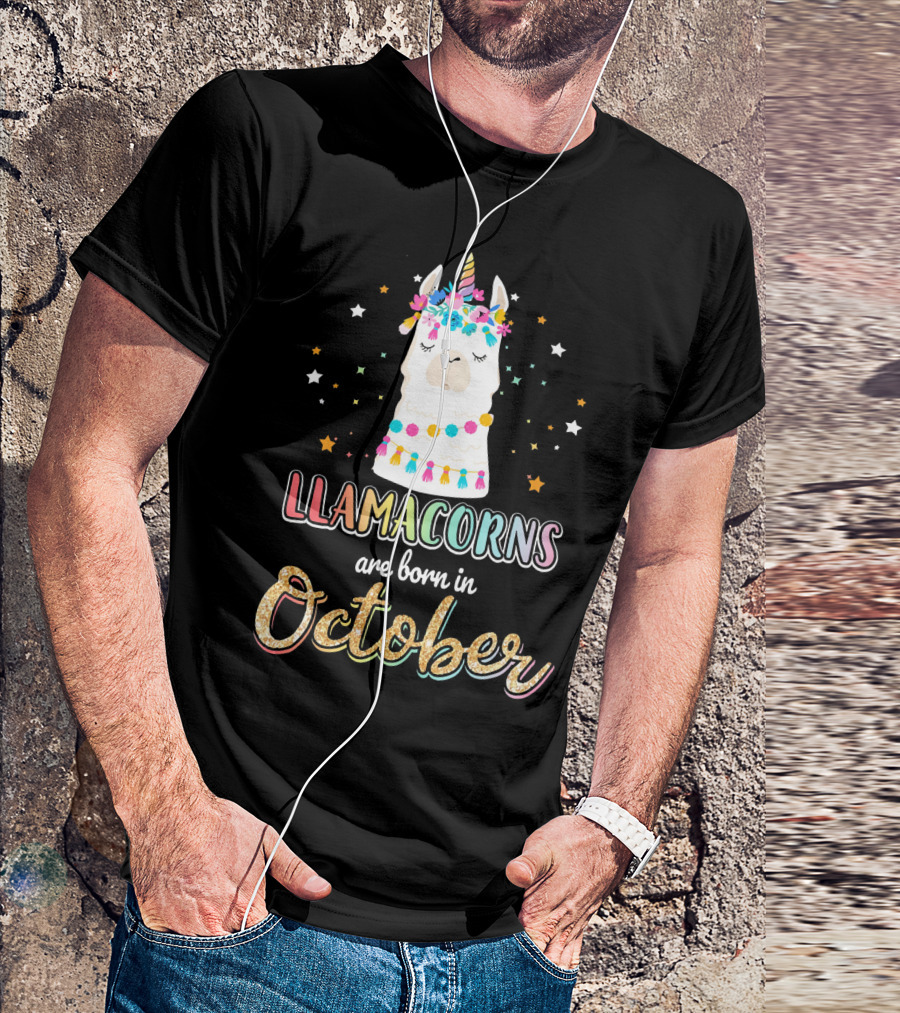 LLAMACORNS Are Born In October With Colorful Unicorn Llama And Stars T-Shirt