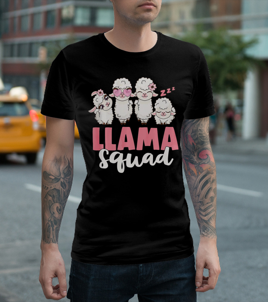 Llama Squad Cute Girls With Pink Accessories And Sleeping Llama T-Shirt