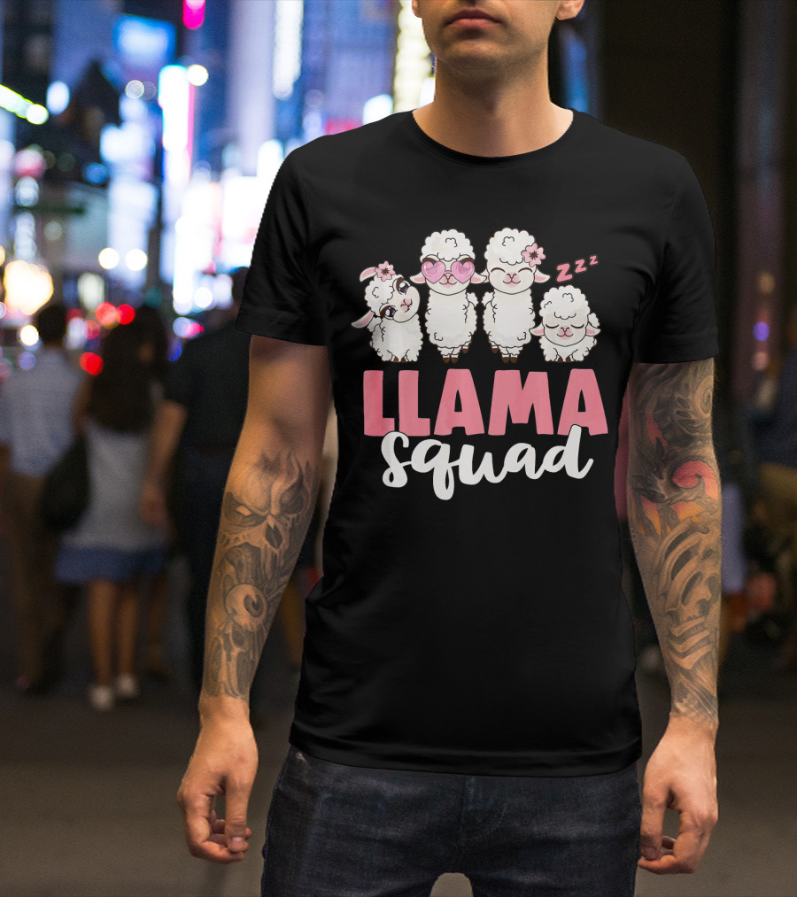 Llama Squad Cute Girls With Pink Accessories And Sleeping Llama T-Shirt