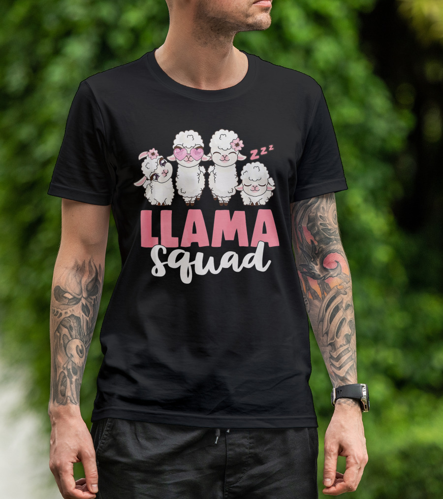 Llama Squad Cute Girls With Pink Accessories And Sleeping Llama T-Shirt