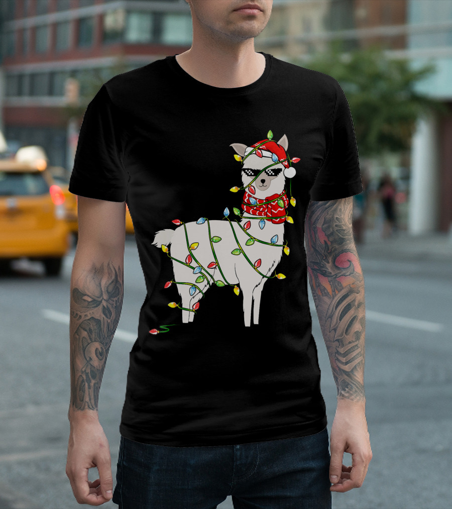 Llama Santa Hat Wrapped In Holiday Lights Christmas Tree T-Shirt