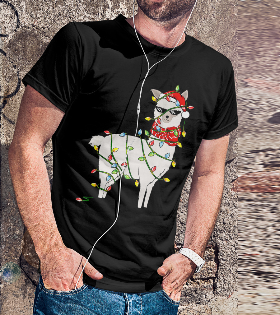 Llama Santa Hat Wrapped In Holiday Lights Christmas Tree T-Shirt