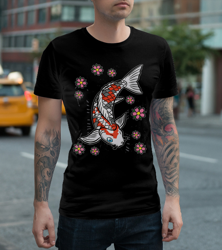 Koi Fish Carp with Cherry Blossom Garden T-Shirt