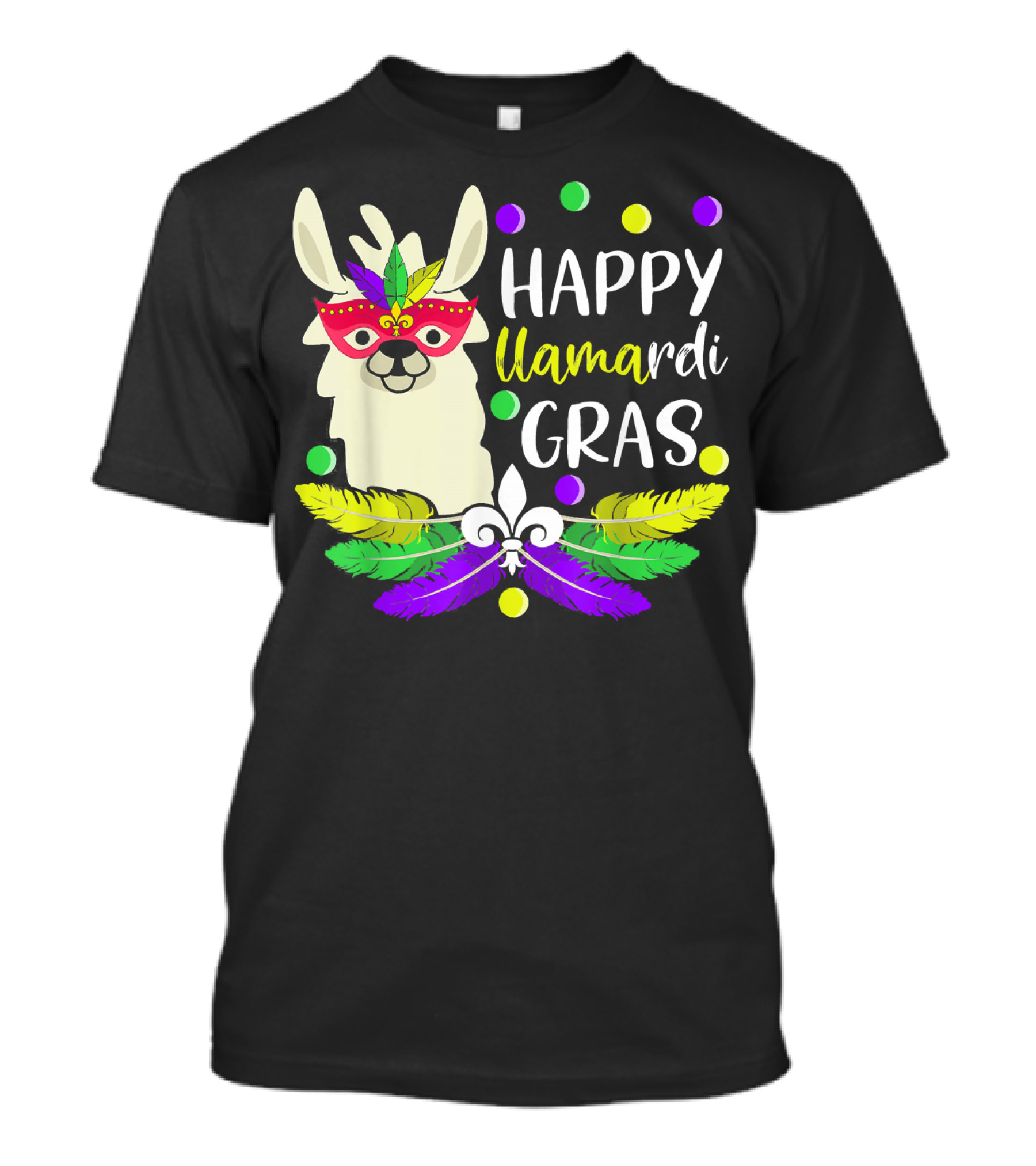 Happy Llamardi Gras Beads Lover Mardi With Mask And Feathers T-Shirt