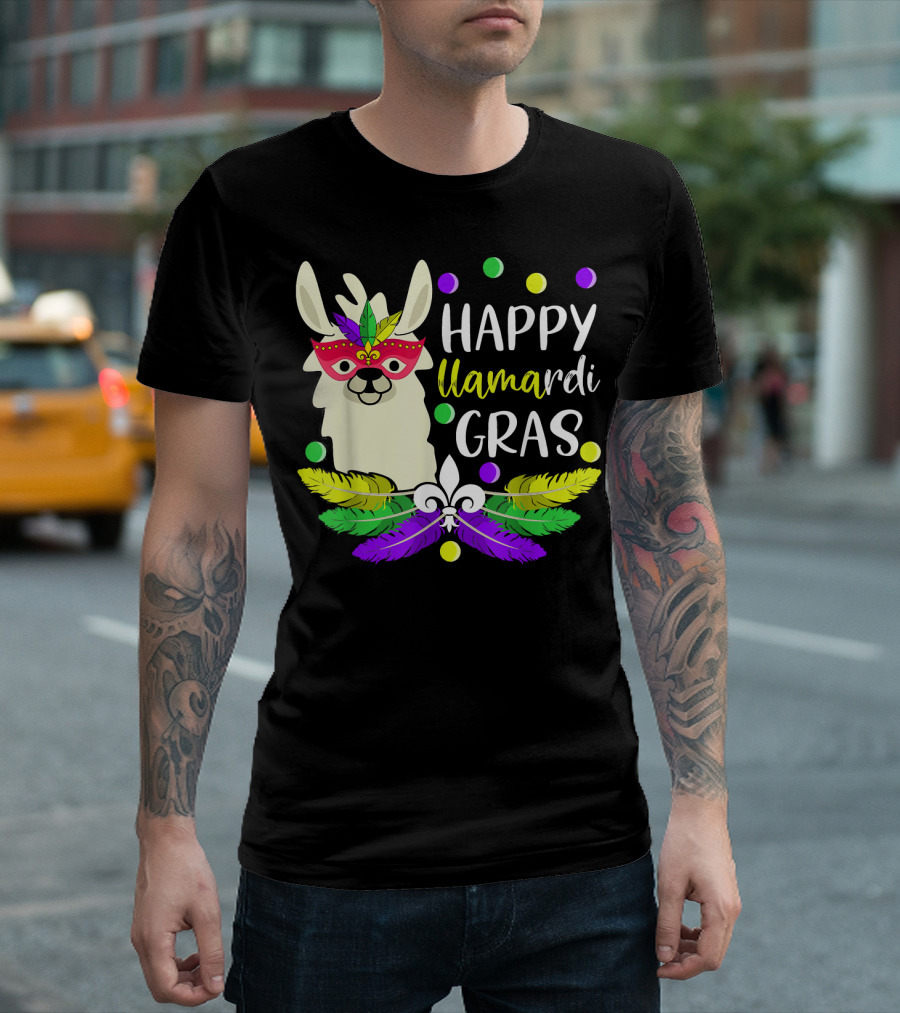 Happy Llamardi Gras Beads Lover Mardi With Mask And Feathers T-Shirt