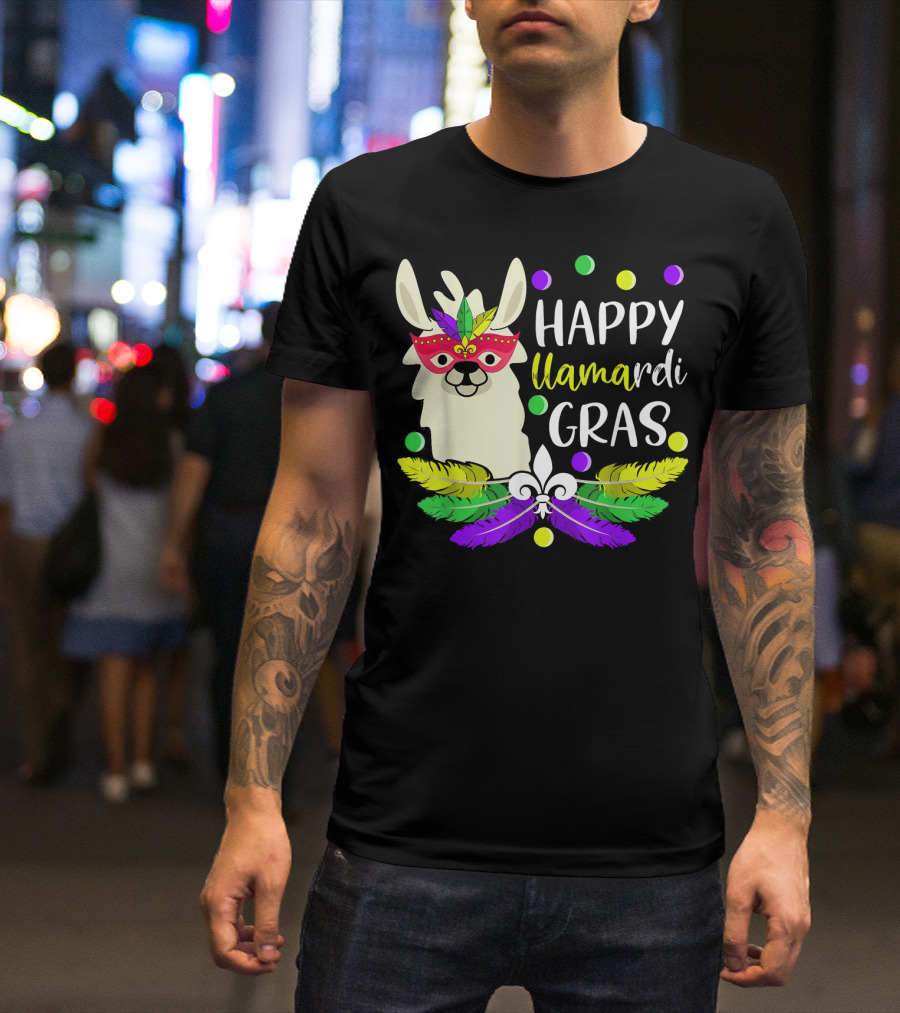 Happy Llamardi Gras Beads Lover Mardi With Mask And Feathers T-Shirt