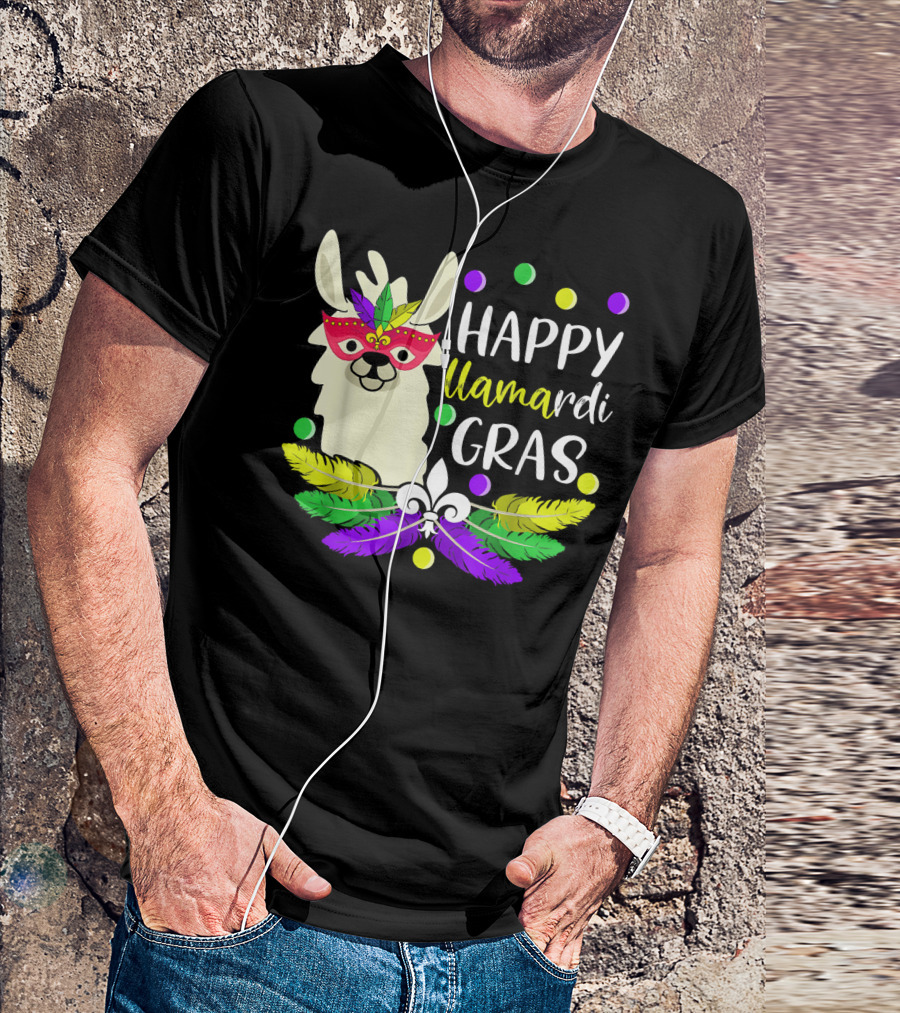 Happy Llamardi Gras Beads Lover Mardi With Mask And Feathers T-Shirt