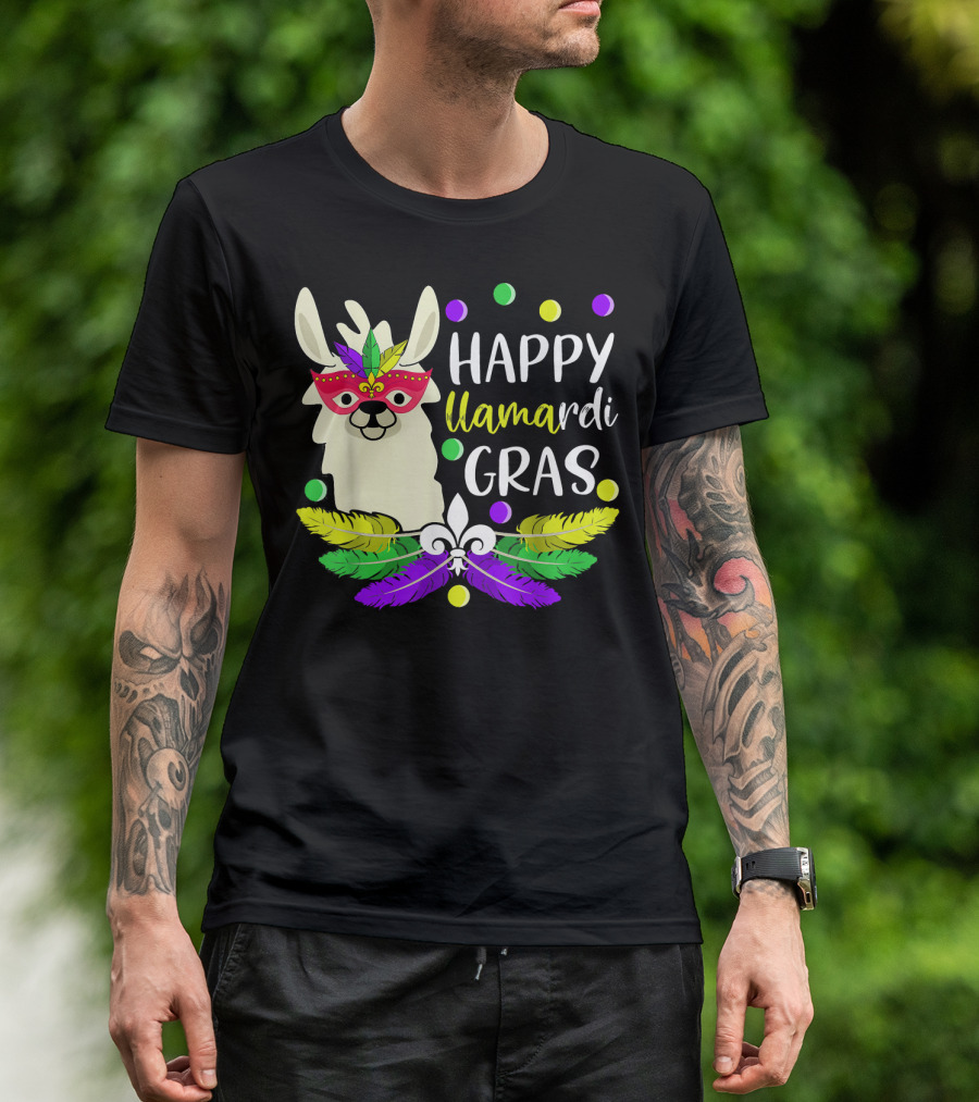 Happy Llamardi Gras Beads Lover Mardi With Mask And Feathers T-Shirt