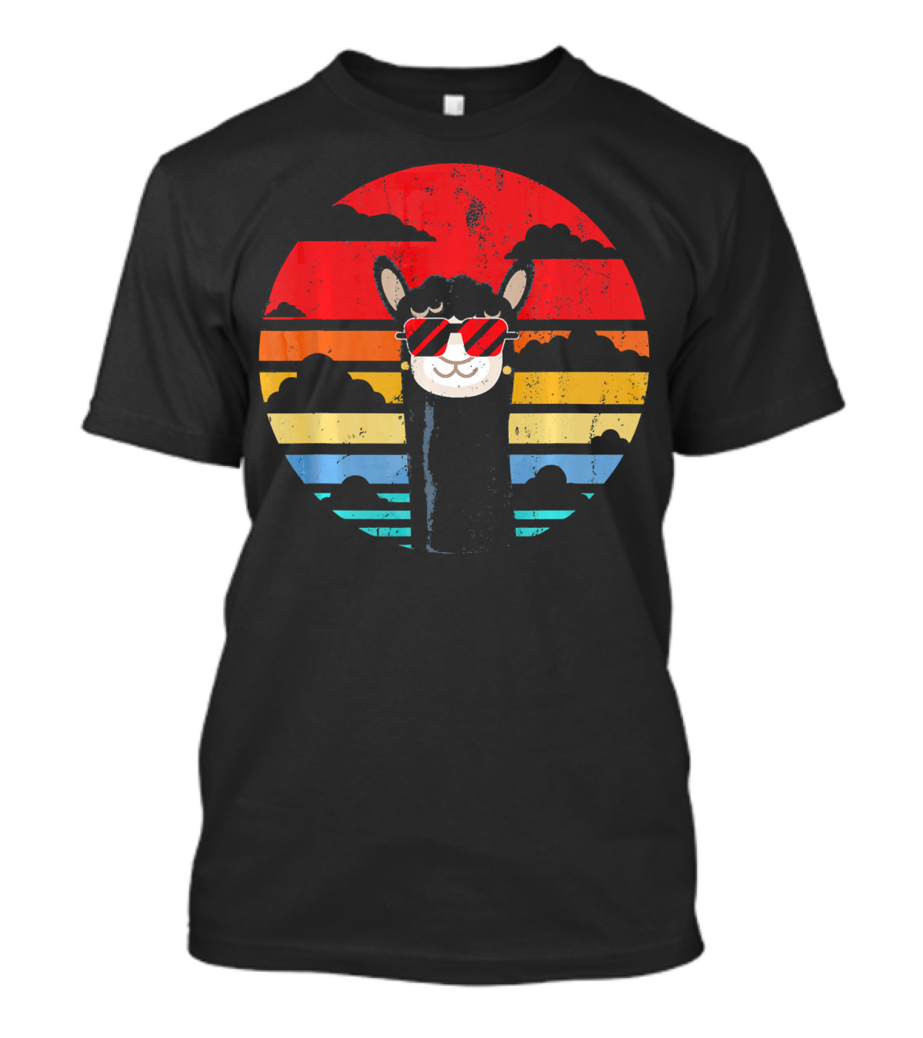 Llama Alpaca Retro Peru Style With Sunglasses In Vintage Sunset Stripes T-Shirt