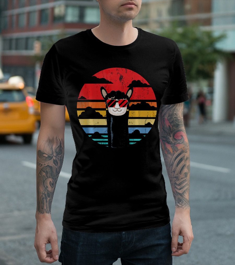 Llama Alpaca Retro Peru Style With Sunglasses In Vintage Sunset Stripes T-Shirt