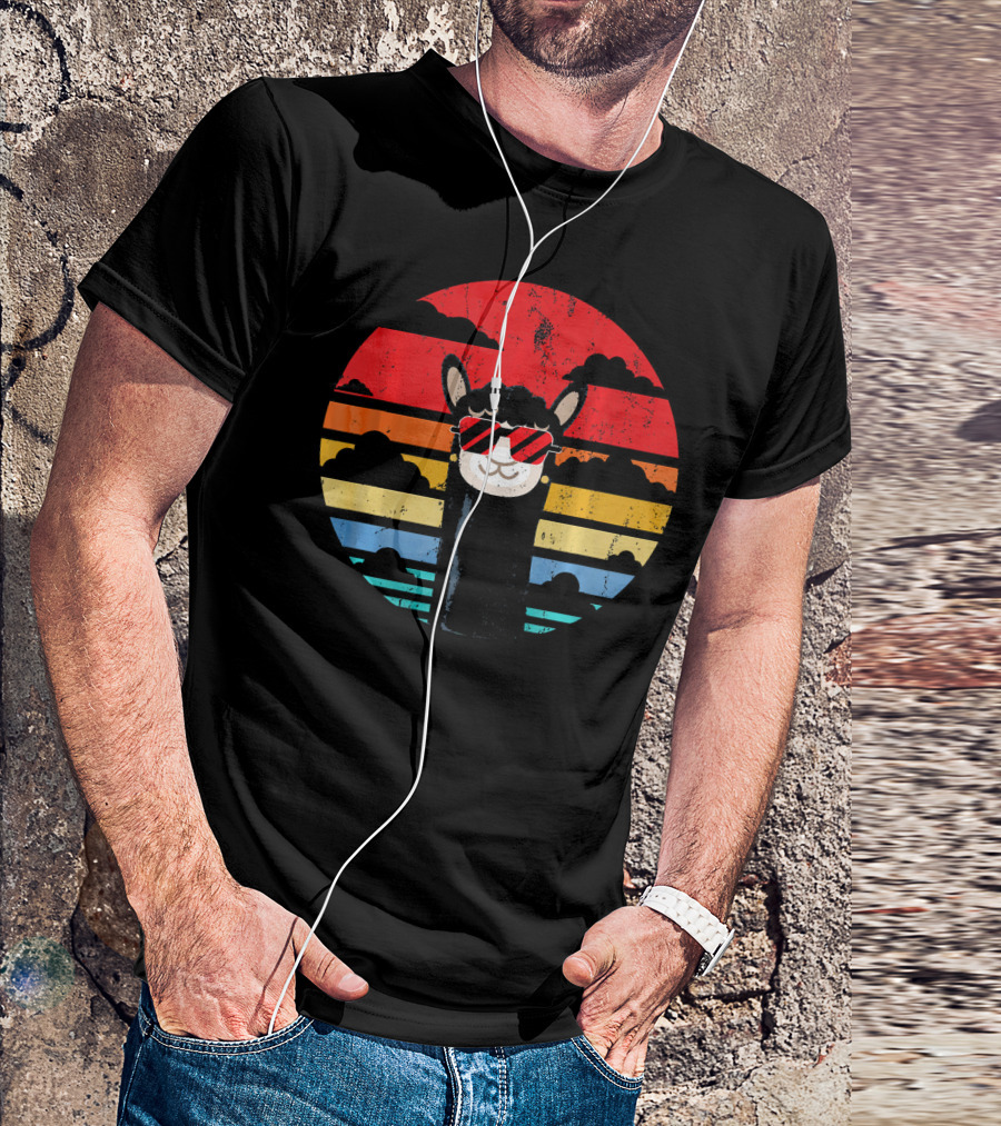 Llama Alpaca Retro Peru Style With Sunglasses In Vintage Sunset Stripes T-Shirt