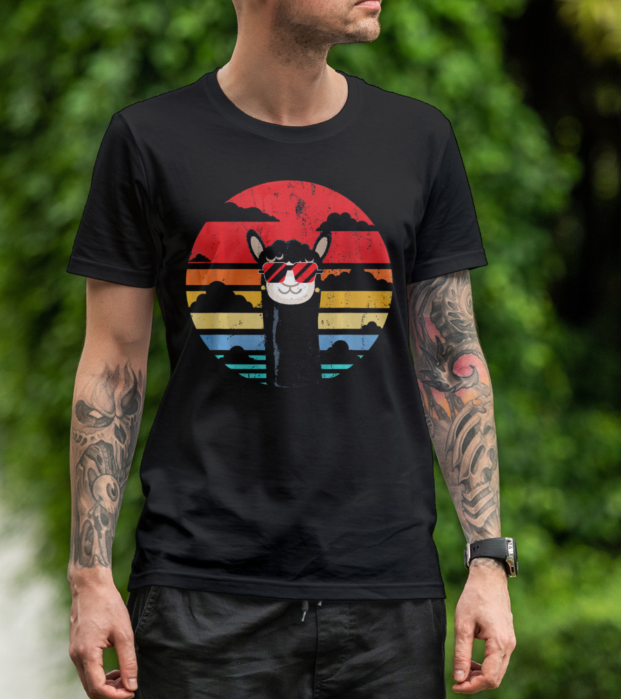 Llama Alpaca Retro Peru Style With Sunglasses In Vintage Sunset Stripes T-Shirt
