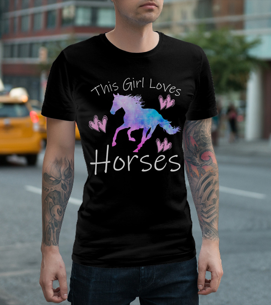 This Girl Loves Horses Colorful Horse with Pink Hearts T-Shirt