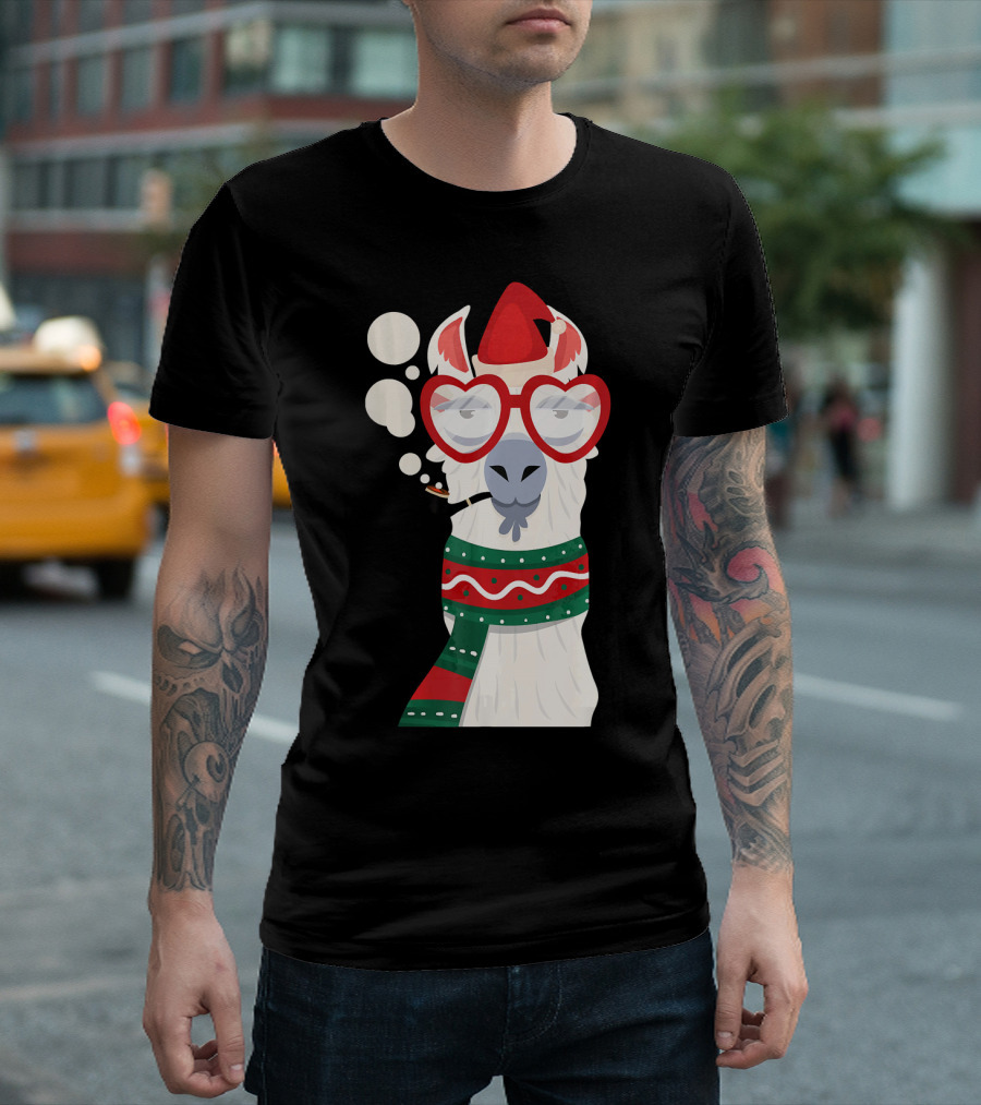 Llama Alpaca Santa Hat Smoking Christmas Glasses Scarf T-Shirt