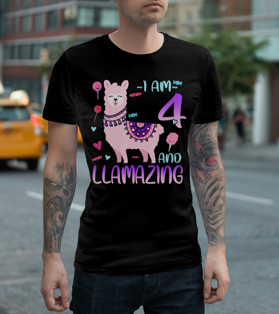 I Am 4 Years Old and Llamazing with Llama and Candy Elements T-Shirt