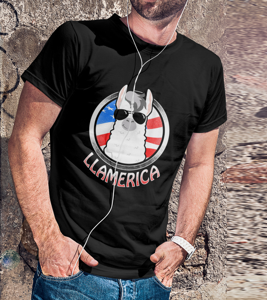 Llama America Llamerica Patriotic Sunglasses USA Flag Circle T-Shirt