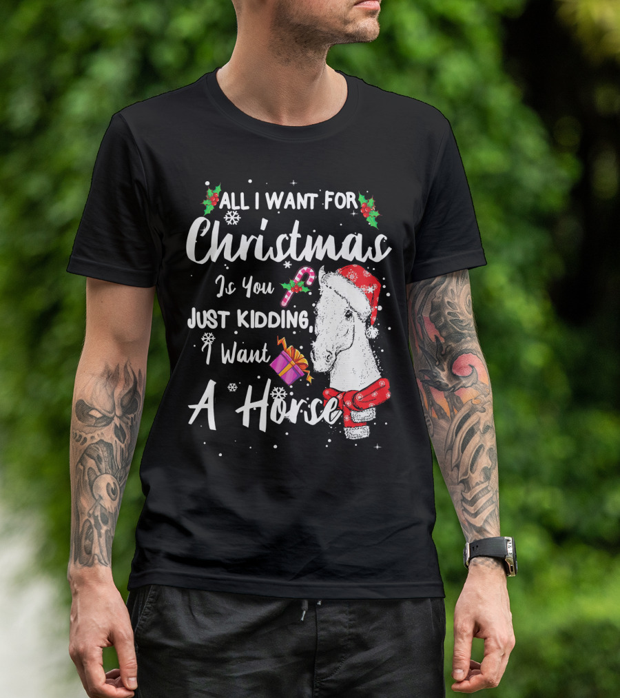 All I Want For Christmas Is You Just Kidding I Want A Horse Santa Hat Candy Cane Gift T-Shirt