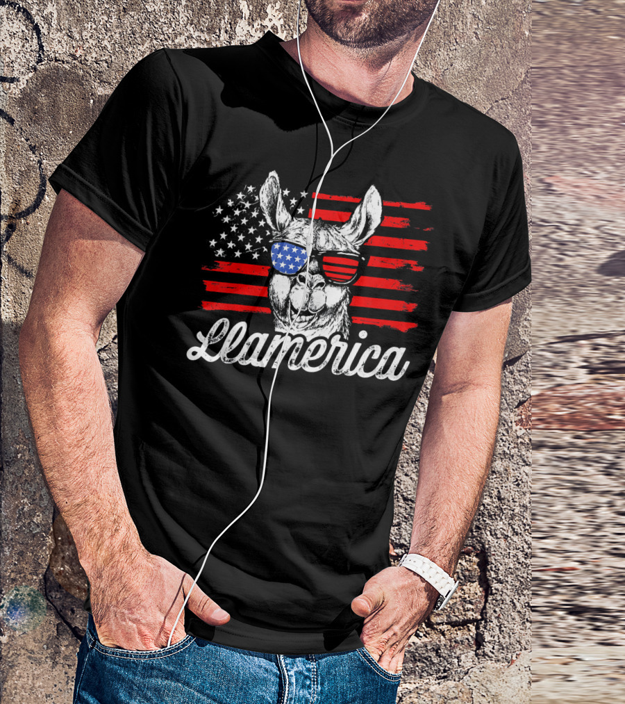 Llama America Llamerica American Flag Sunglasses Stars Stripes T-Shirt