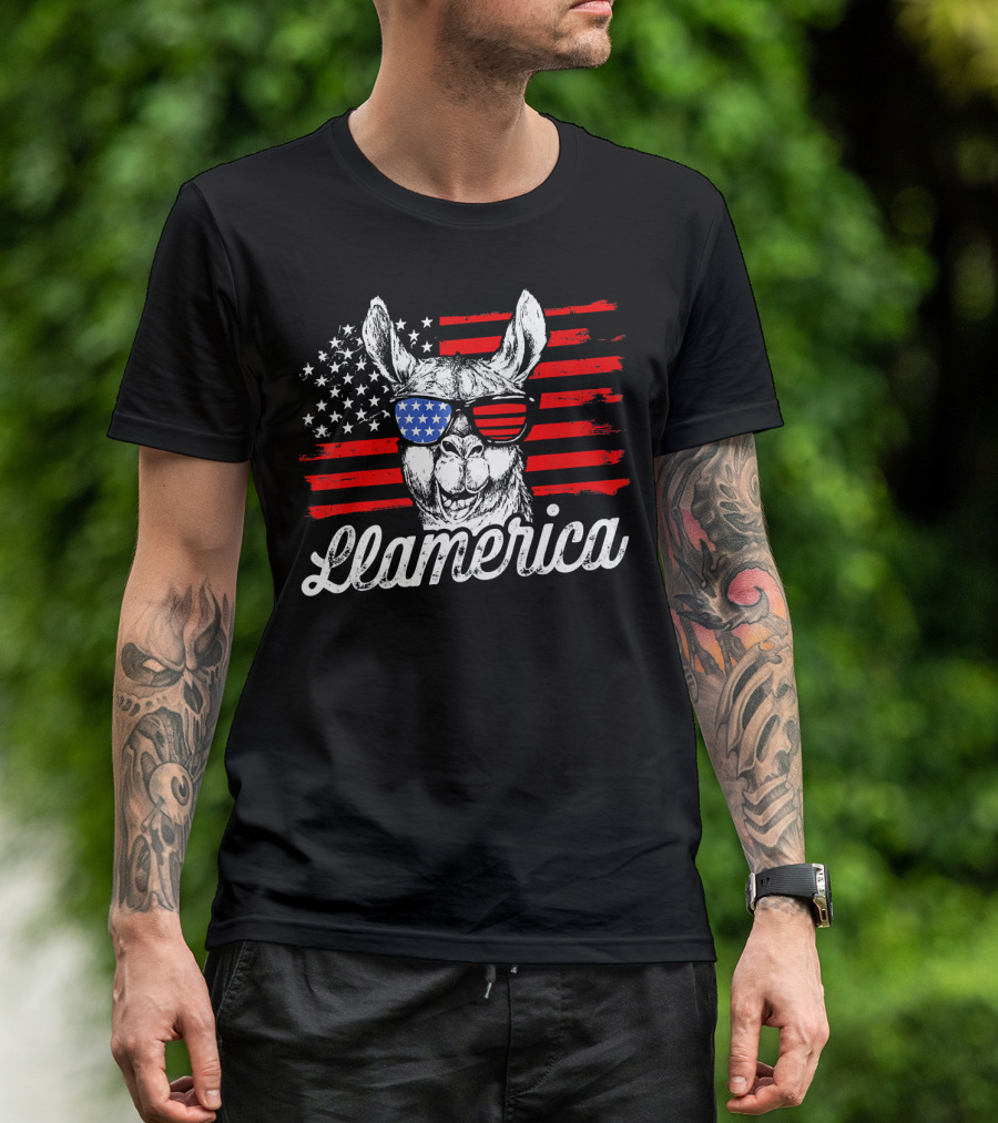 Llama America Llamerica American Flag Sunglasses Stars Stripes T-Shirt