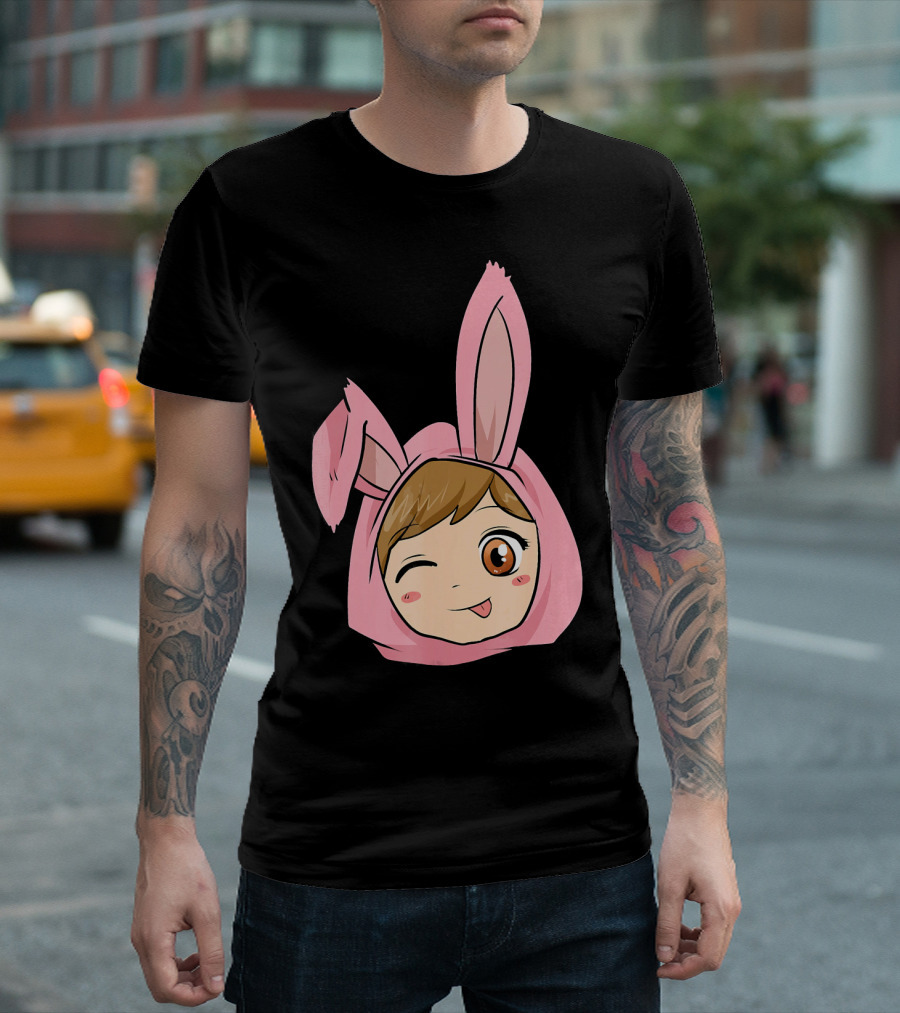 Kawaii Anime Girl with Pink Bunny Ears Winking Playfully T-Shirt