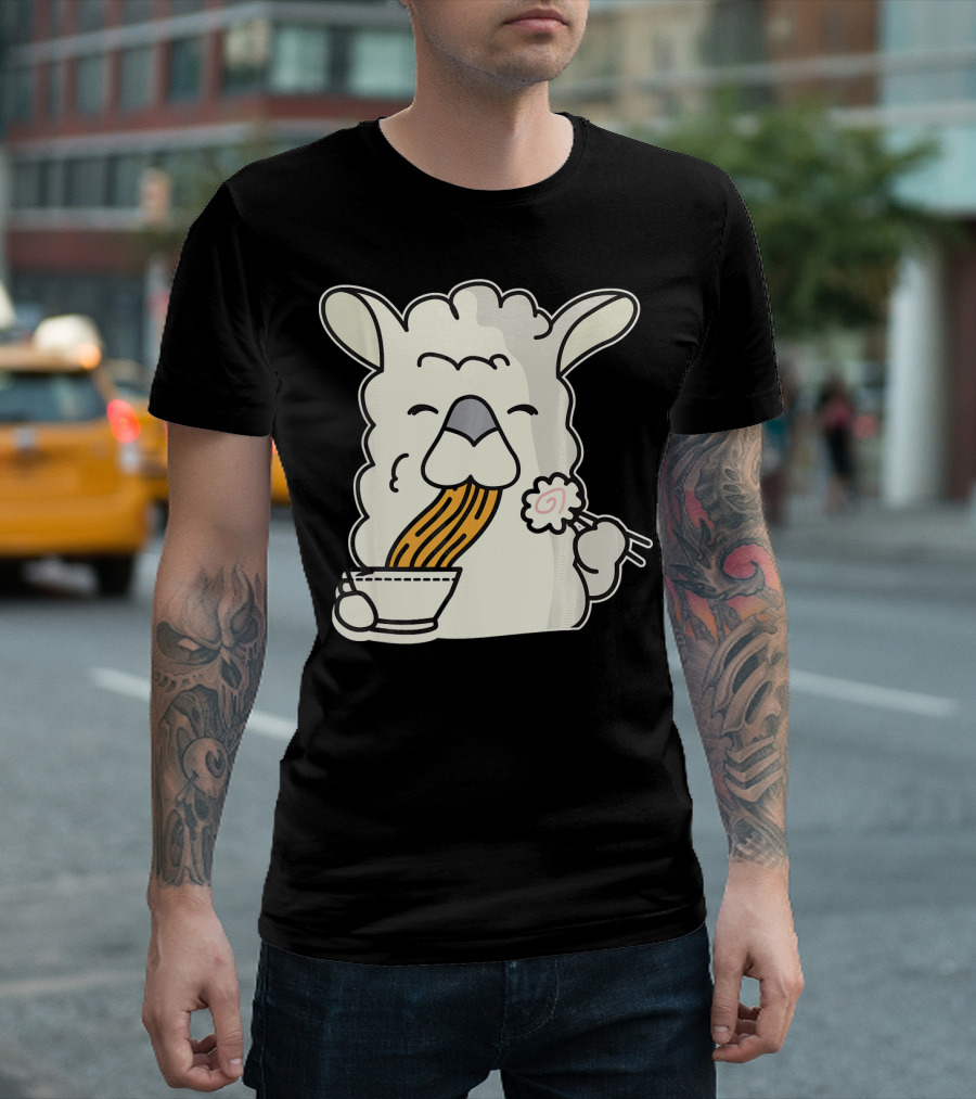 Llama Enjoying Ramen Noodles with Kawaii Expression T-Shirt