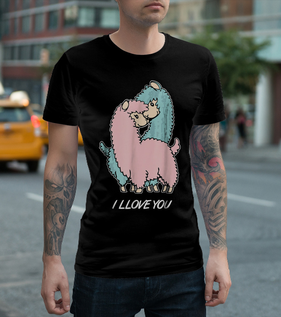 I LLOVE YOU Funny Llama Valentin Cute Alpaca Pair Hug T-Shirt